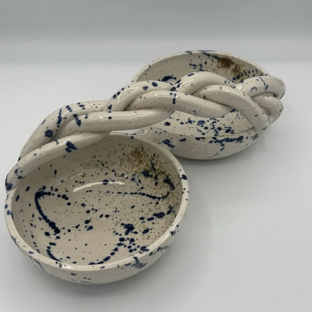 Handcrafted Ceramic Speckled Blue and Gold Dual Double Bowl with Braided Handle